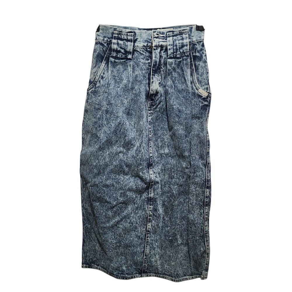 VTG 80s POWER Acid Wash Denim Skirt Women’s 5/6 High Waist Midi Jean Pencil